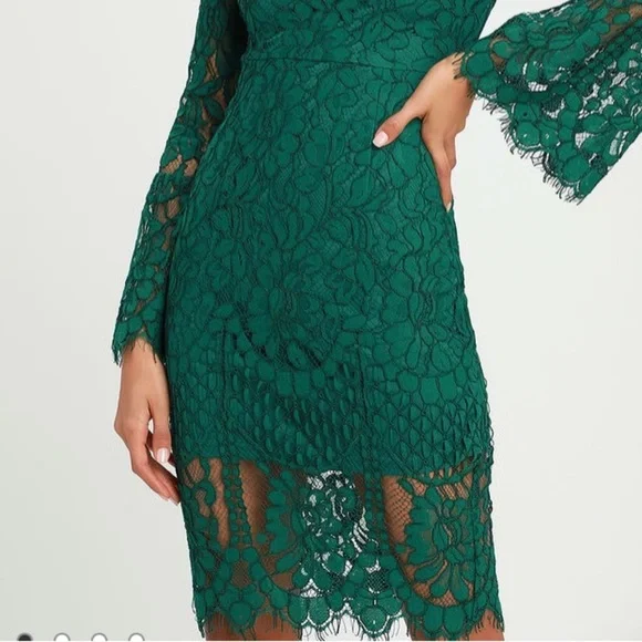 Lulus Enrapturing Elegance Green Lace Long Sleeve Midi Dress size small bridal​​
